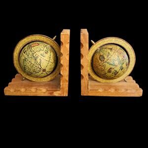 Vintage Globe Bookends Wooden Base World Map Pair Retro Library Office Decor